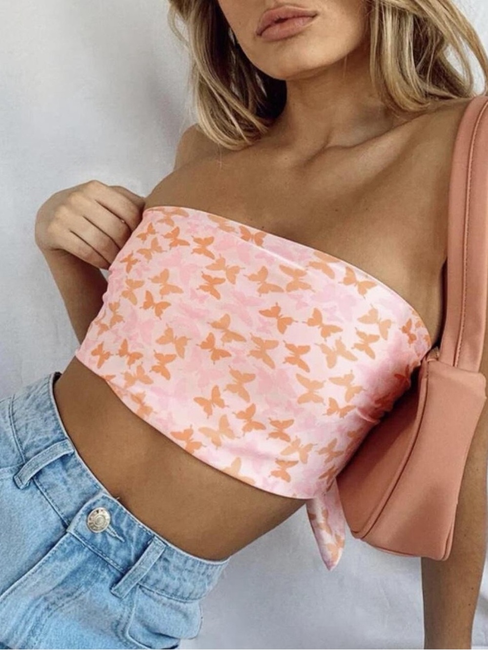 Princess Polly Pink & Peach Butterfly Strapless Crop Top